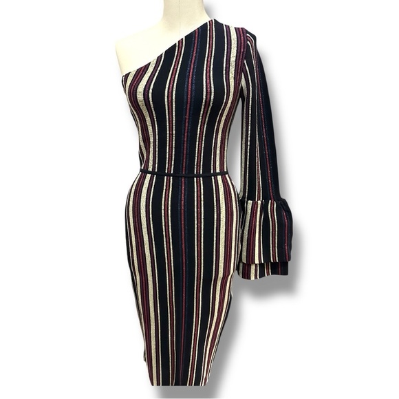 160 Rachel Roy | NWT Black Gold Glitter Stripes One‑Shoulder Midi Dress (size S) - Picture 4 of 9